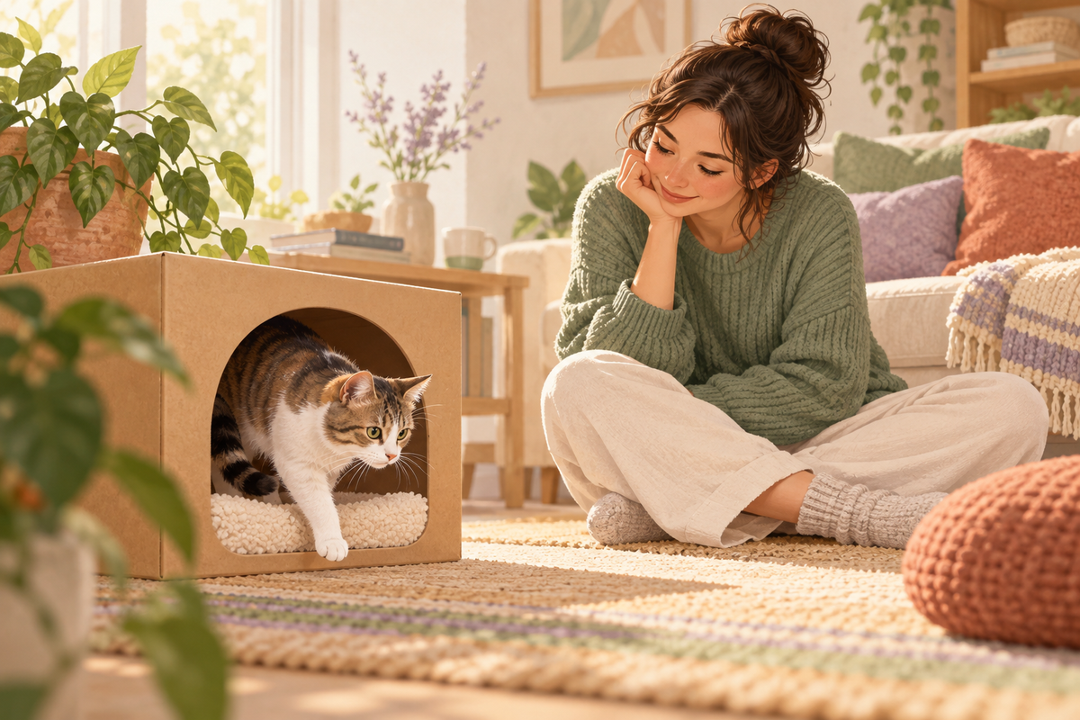 Helping a cat explore a new pet bed