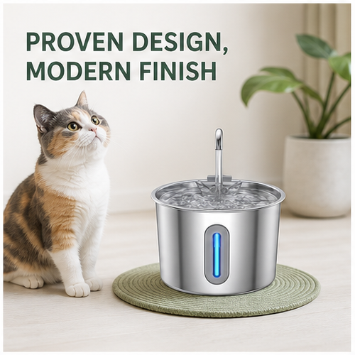 HYGEON AquaSteel 2.2L Stainless Steel Pet Water Fountain