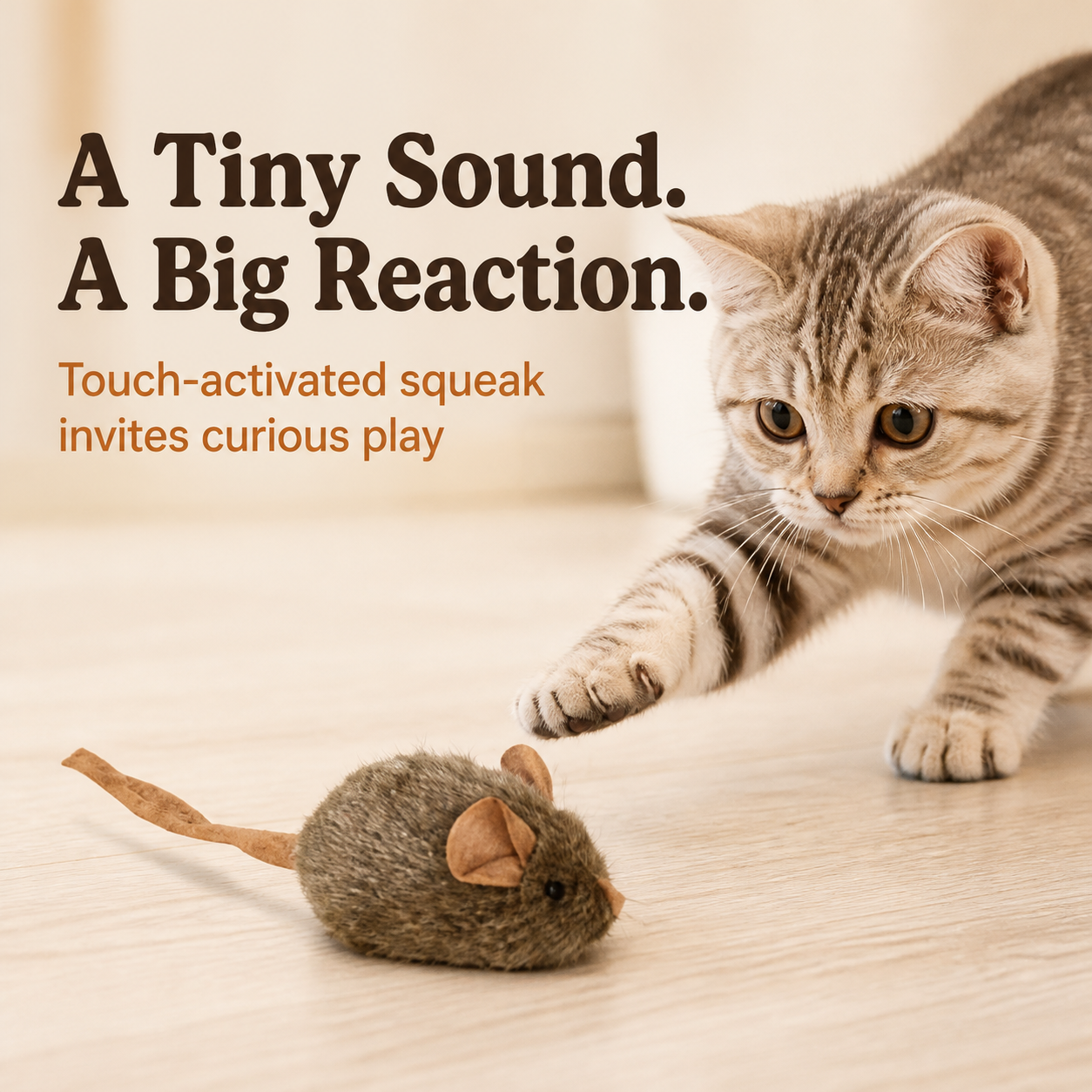 HYGEON SqueakMouse Touch-Activated Plush Cat Toy, Brown