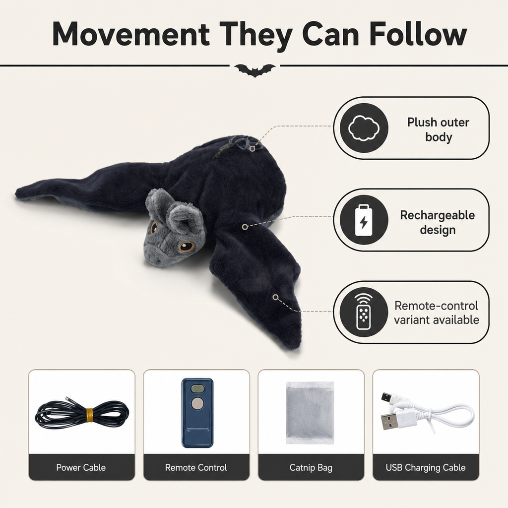 HYGEON NightWing Rechargeable Electric Plush Pet Toy, Black