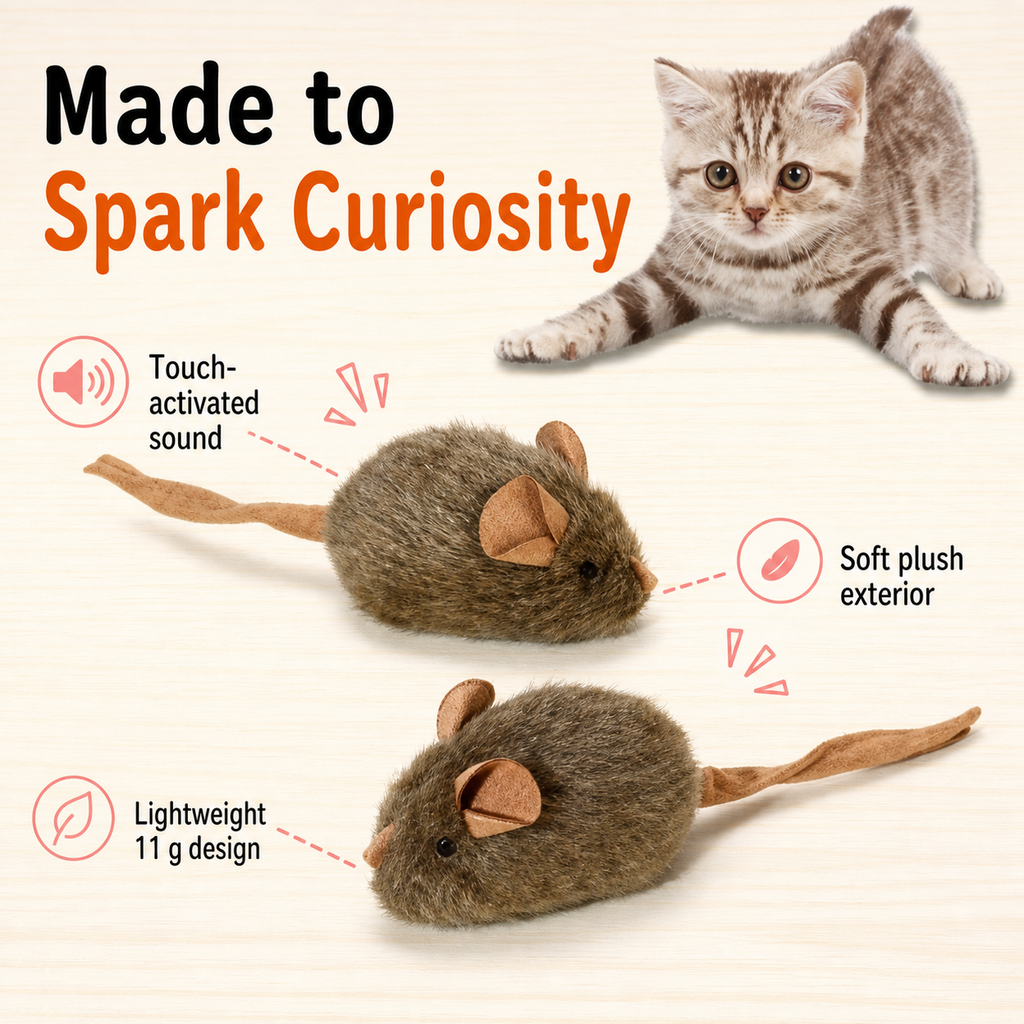 HYGEON SqueakMouse Touch-Activated Plush Cat Toy, Brown