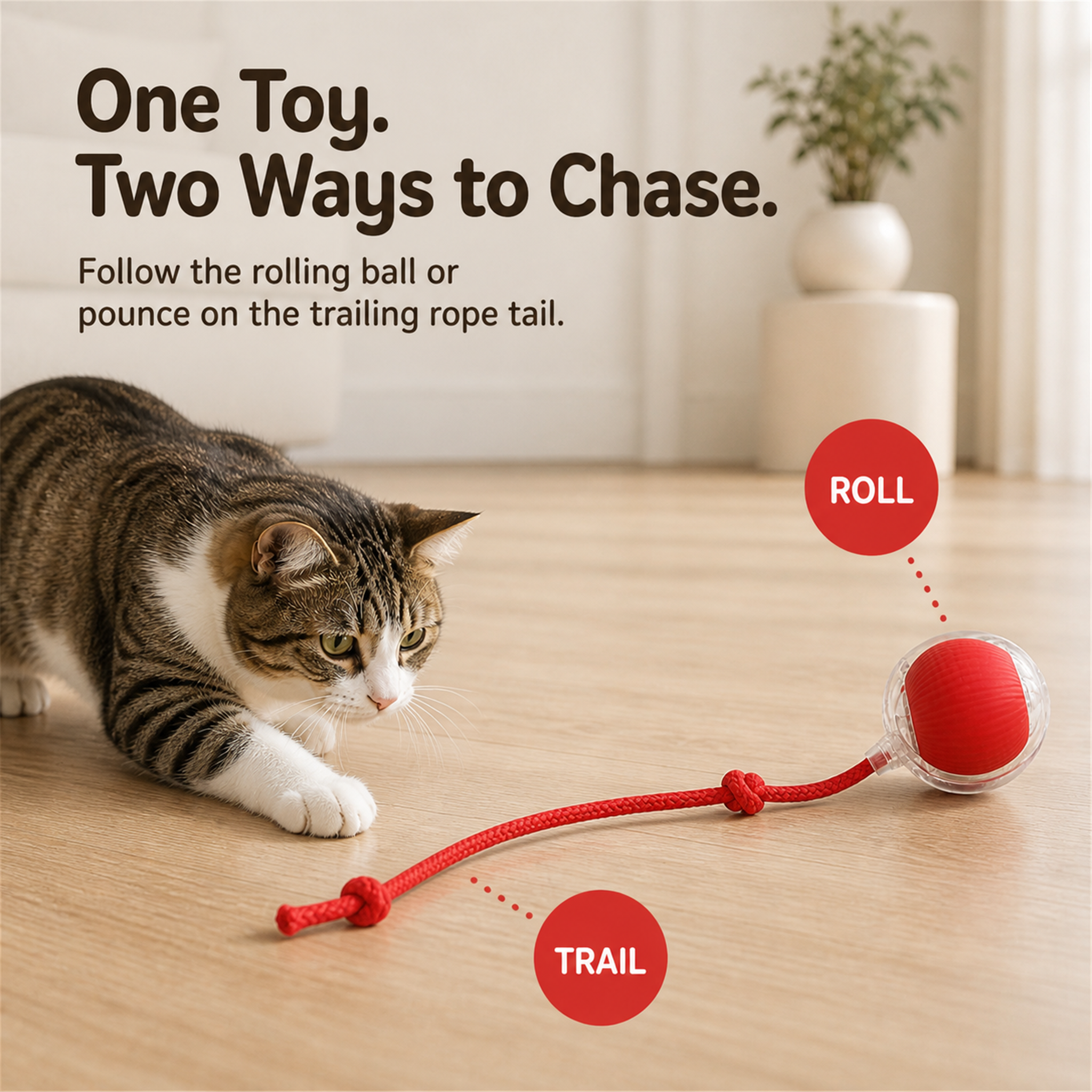 HYGEON RollTail Interactive Cat Ball with Long Cord