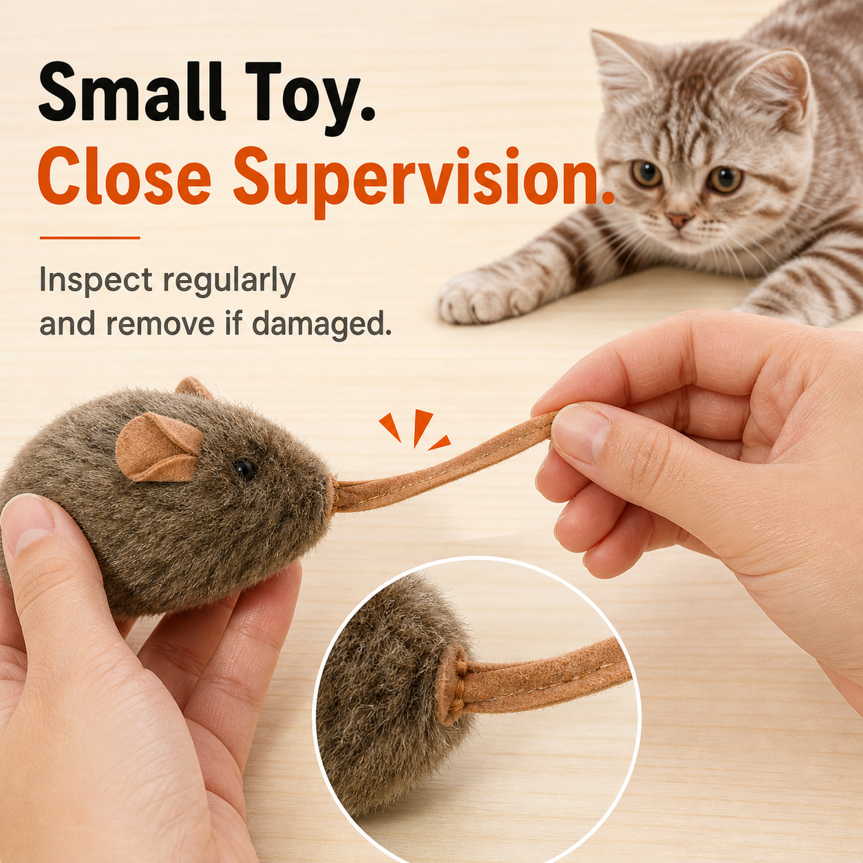 HYGEON SqueakMouse Touch-Activated Plush Cat Toy, Brown